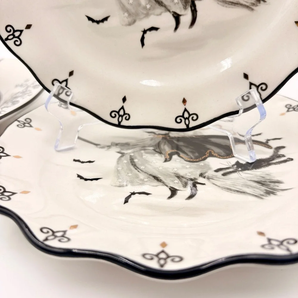 Potters Studio Halloween Witch Ceramic Plate Set 4pc Dinner Salad Plates